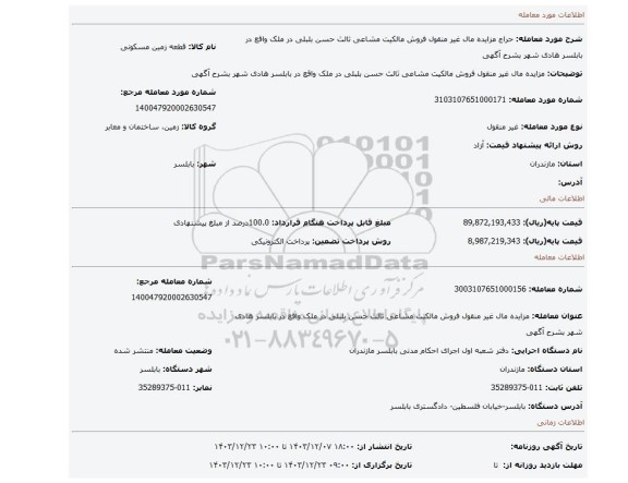 مزایده، مزایده مال غیر منقول فروش مالکیت مشاعی ثالث حسن بلبلی در ملک واقع در بابلسر هادی شهر بشرح آگهی