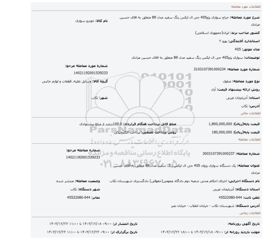مزایده، سواری پژو405 جی ال ایکس رنگ سفید مدل 89 متعلق به اقای حسین مرادی