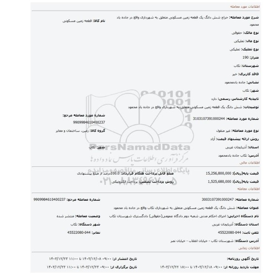 مزایده، شش دانگ یک قطعه زمین مسکونی متعلق به شهرداری واقع در جاده باد محمود