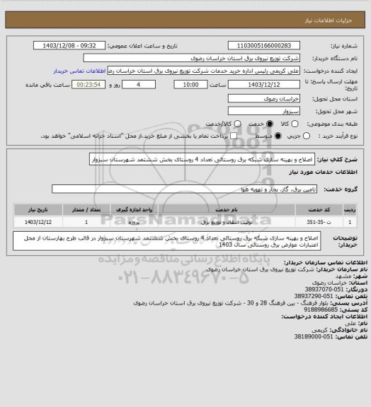 استعلام اصلاح و بهینه سازی شبکه برق روستائی تعداد 4 روستای بخش ششتمد شهرستان سبزوار