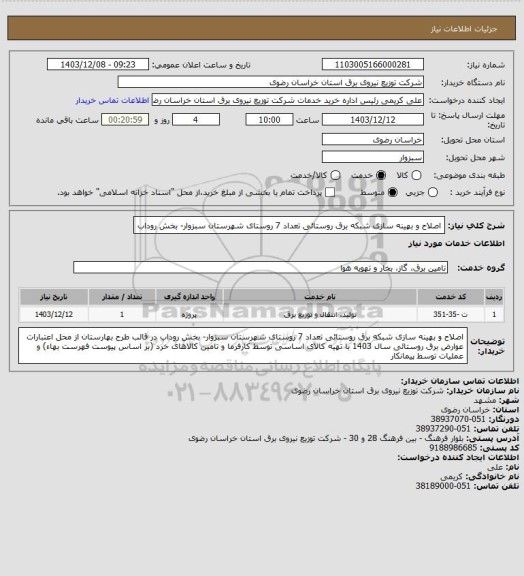 استعلام اصلاح و بهینه سازی شبکه برق روستائی  تعداد 7 روستای شهرستان سبزوار- بخش روداب