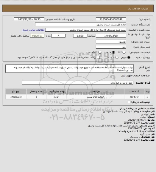 استعلام وانت سواری مسقف مسلط به منطقه جهت توزیع مرسولات پستی شهرستان جم قیمت پیشنهادی به ازای هر مرسوله پستی.شماره2