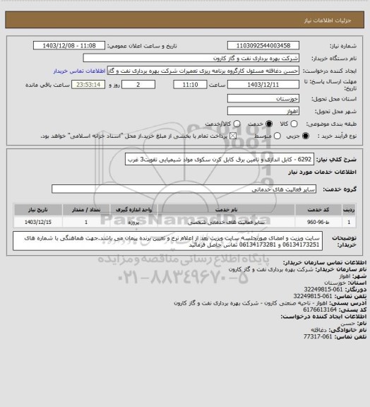 استعلام 6292 - کابل اندازی و تامین برق کابل کرن سکوی مواد شیمیایی تقویت3 غرب