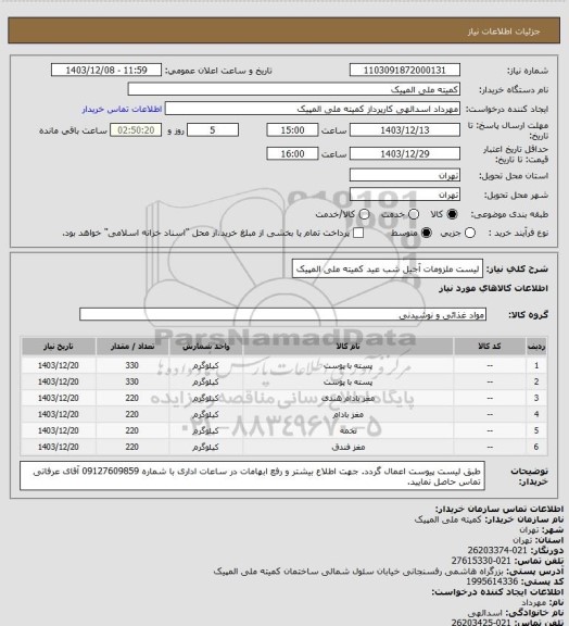 استعلام لیست ملزومات آجیل شب عید کمیته ملی المپیک