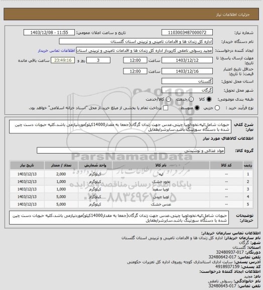استعلام حبوبات شامل:لپه،نخودلوبیا چیتی،عدس جهت زندان گرگان(جمعا به مقدار14000کیلو)موردنیازمی باشد،کلیه حبوبات دست چین شده با دستگاه سورتینگ باشد،سایرشرایطفایل