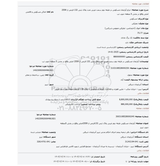 مزایده، آپارتمان مسکونی در طبقه دوم سمت غربی تحت پلاک ثبتی 132 فرعی از 2559 اصلی واقع در بخش 5 منطقه جنوب تب