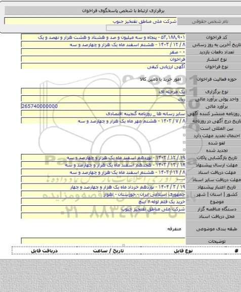 مناقصه, خرید یک قلم لوله ۶ اینچ