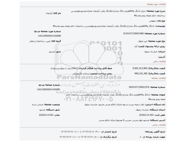 مزایده، 1دانگ و644هزارم دانگ مشاع از6دانگ یکباب آپارتمان تجاری:مشهدبلوارمدرس ساختمان خاتم طبقه پنجم واحد46