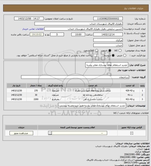 استعلام تجدید استعلام بهای بهسازی معابر روستا