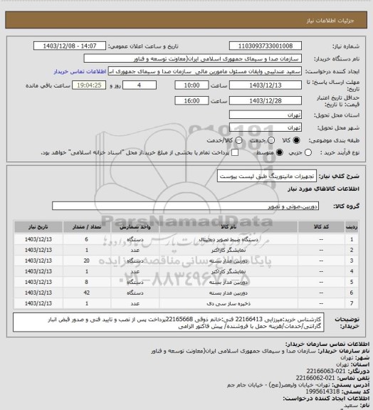 استعلام تجهیزات مانیتورینگ طبق لیست پیوست
