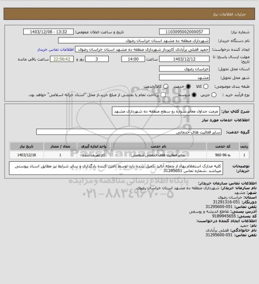 استعلام مرمت جداول معابر سواره رو سطح منطقه ده شهرداری مشهد