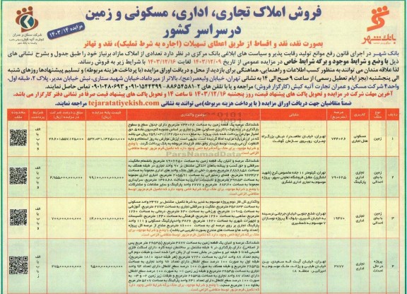  مزایده فروش املاک تجاری، اداری، مسکونی و زمین در سراسر کشور