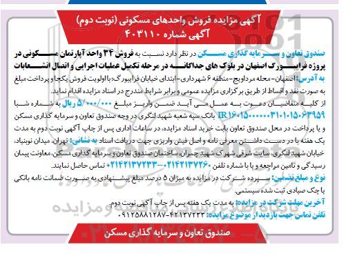 مزایده فروش واحدهای مسکونی نوبت دوم 