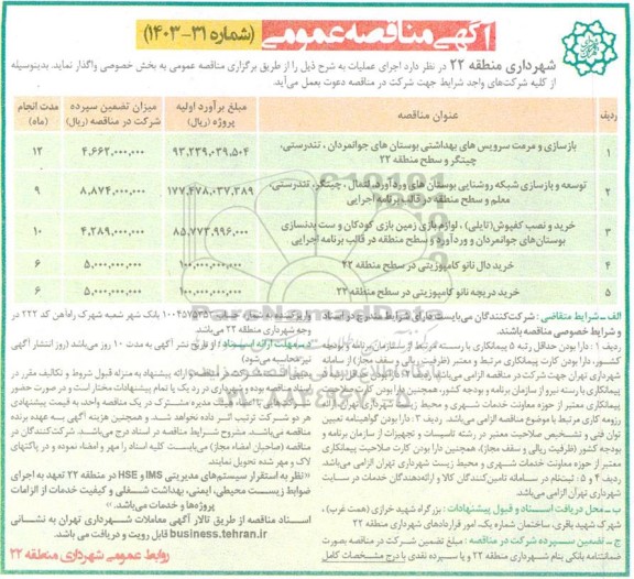مناقصه بازسازی و مرمت سرویس های بهداشتی بوستان های جوانمردان، تندرستی، و ...