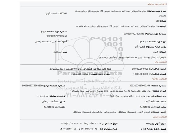 مزایده، حراج ملک ویلایی نیمه کاره به مساحت تقریبی 150 مترمربع واقع در پایین محله مالفجان