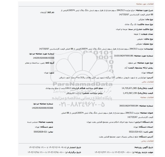 مزایده، مزایده 294/513 سهم مشاع از هزار سهم شش دانگ پلاک ثبتی 130574فرعی از 88 اصلی  قیمت کارشناسی 14/725/67
