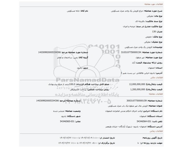 مزایده، فروش یک واحد منزل مسکونی