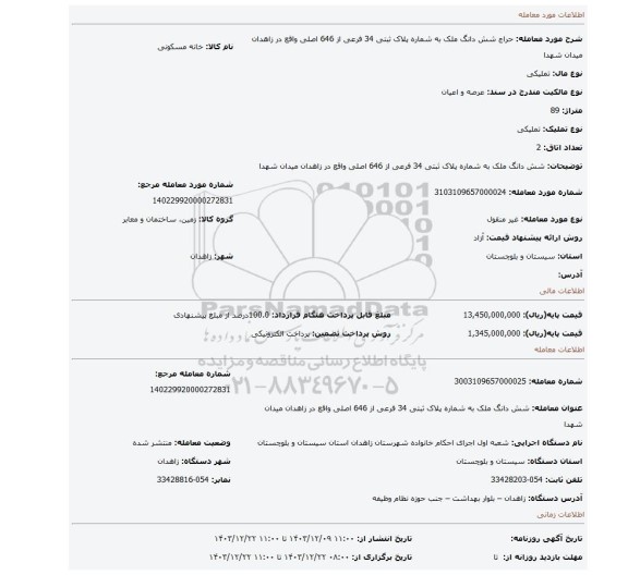 مزایده، شش دانگ ملک به شماره پلاک ثبتی 34 فرعی از 646 اصلی واقع در زاهدان میدان شهدا