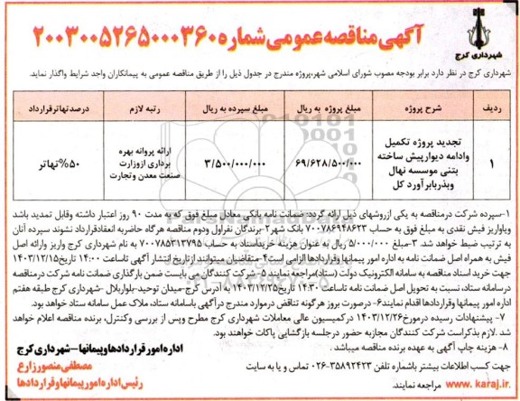 تجدید پروژه تکمیل و ادامه دیوار پیش ساخته بتنی موسسه نهال و بذر