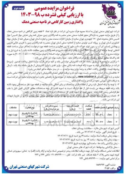 مزایده عمومی واگذاری زمین کارگاهی در ناحیه صنعتی دهک- نوبت دوم 