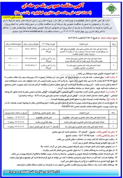 مناقصه احداث ابنیه فنی جاده های عشایری شهرستان و ... 