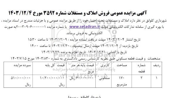 مزایده عمومی فروش املاک و مستغلات