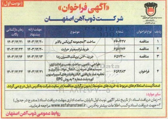 مناقصه ساخت 3 مجموعه گیربکس بالابر...