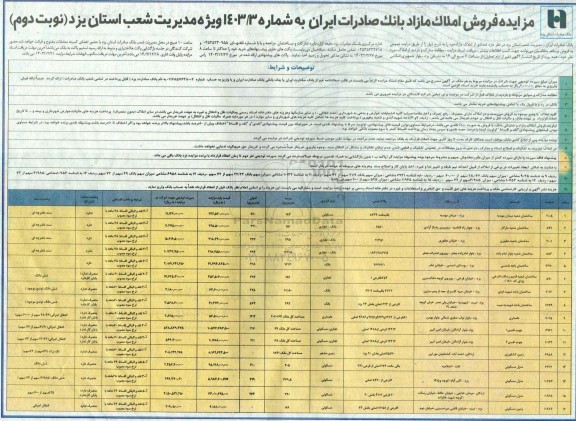 مزایده فروش 16 ملک با کاربری تجاری - بانک - دامداری - تجاری/مسکونی - زمین مشجر - مسکونی - بانک/تجاری - نوبت دوم