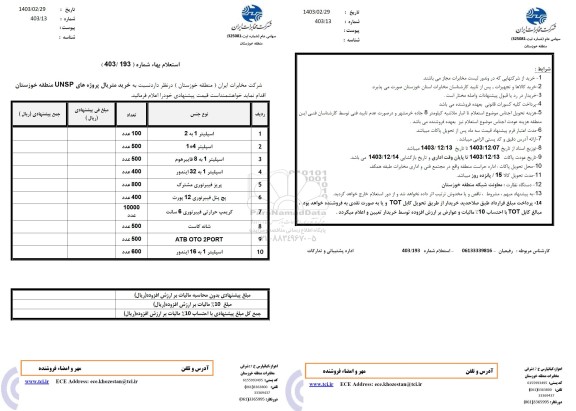 استعلام بهاء خرید متریال پروژه های UNSP 
