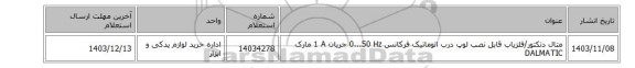 متال دتکتور/آشکارساز فلز قابل نصب‏ ‎لوپ درب اتوماتیک‏ فرکانس ‎0...50 Hz‏ جریان ‎1 A‏ مارک DALMATIC‎