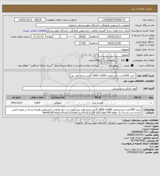 استعلام خرید  1000عدد مرغ منجمد 1600تا 1800 گرمی،تاریخ تولید روز