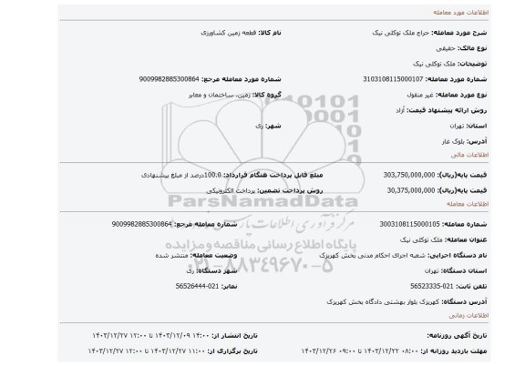 مزایده، ملک توکلی نیک