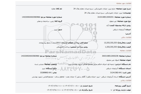 مزایده، تبریز، خیابان دامپزشکی، سبزه میدان، مغازه پلاک 24
