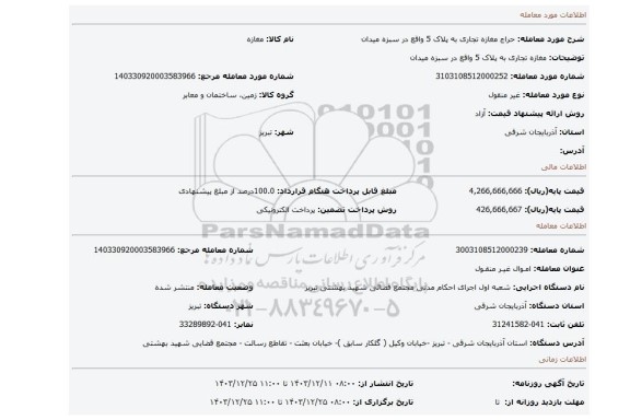 مزایده، مغازه تجاری به پلاک 5 واقع در سبزه میدان