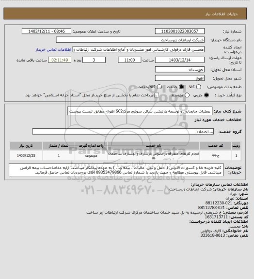 استعلام عملیات جابجایی و توسعه پارتیشن سالن سوئیچ مرکزSC2 اهواز- مطابق لیست پیوست