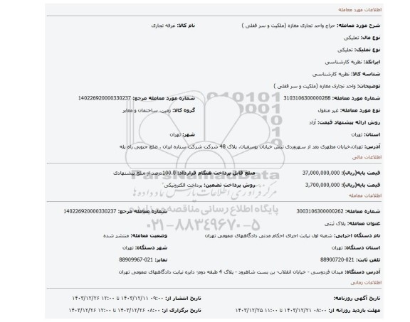 مزایده، واحد تجاری مغازه (ملکیت و سر قفلی )