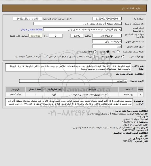 استعلام تهیه تابلو برق های ساختمان فرهنگسرا طبق لیست و مشخصات اعلامی در پیوست (عناصر داخلی تابلو برق ها برای فیوزها بایستی طبق مشخصات اعلامی در پیوست باشد)