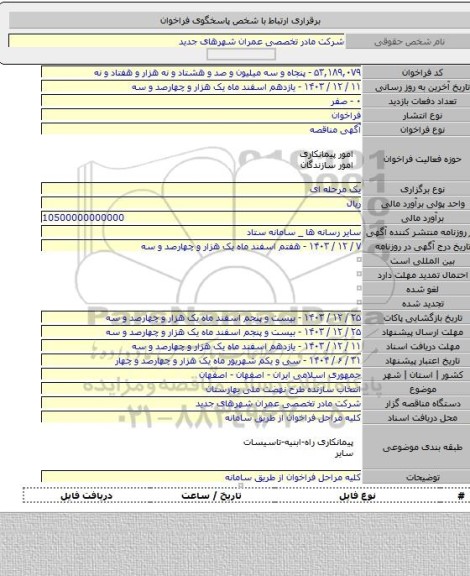 مناقصه, انتخاب سازنده طرح نهضت ملی بهارستان