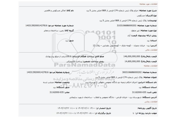 مزایده، پلاک ثبتی شماره 174 فرعی از 869 اصلی بخش 5 یزد