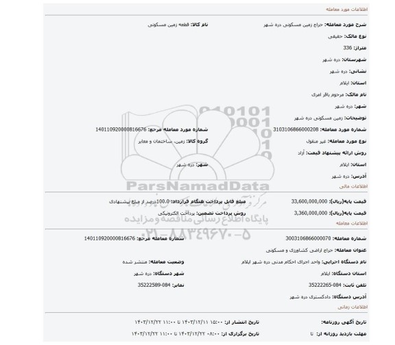 مزایده، زمین مسکونی دره شهر