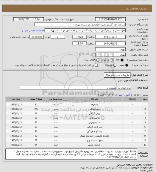 استعلام ملزومات آشپزخانه مراکز