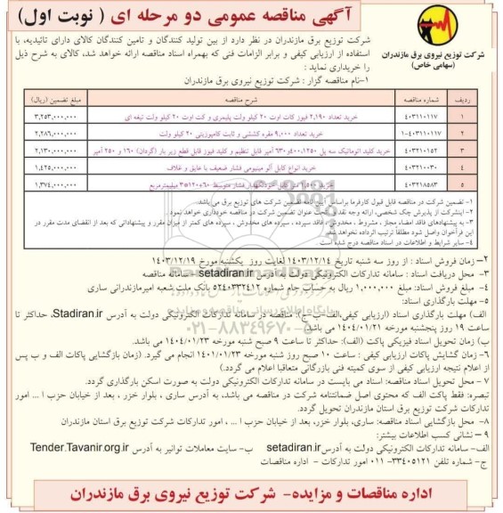مناقصه عمومی خرید تعداد 2.190 فیوز کات اوت 20 کیلوولت پلیمری و کت اوت 20 کیلوولت تیغه ای ...