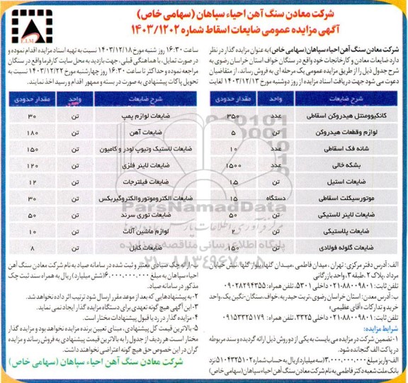 مزایده عمومی ضایعات معادن و کارخانجات