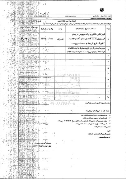 استعلام فیبرکشی داخلی و ارائه سرویس در بستر فیبر نوری FTTH شهرستان آباده