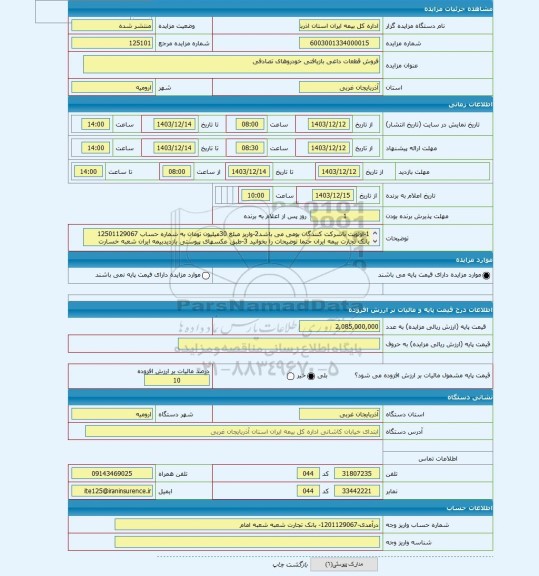مزایده ، فروش قطعات داغی بازیافتی خودروهای تصادفی
