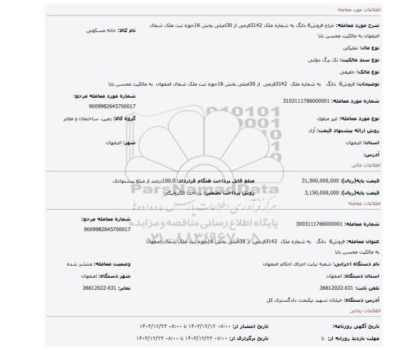 مزایده، فروش6 دانگ به شماره ملک 3142فرعی از 30اصلی بخش 16حوزه ثبت ملک شمال اصفهان به مالکیت محسن بابا
