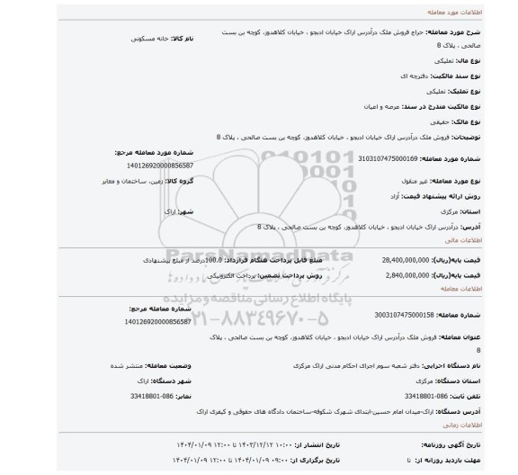 مزایده، فروش ملک درآدرس اراک خیابان ادبجو ، خیابان کلاهدوز، کوچه بن بست صالحی ، پلاک 8