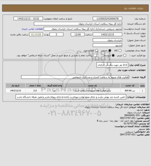 استعلام 213 نفر جهت چک آپ  کارکنان