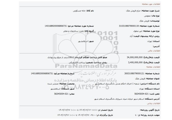 مزایده، فروش ملک