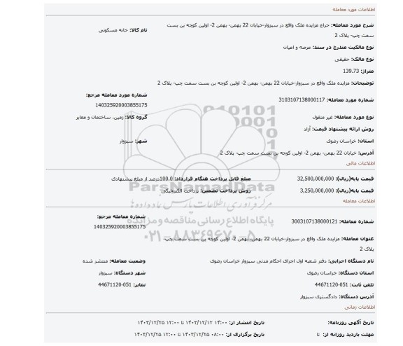 مزایده، مزایده ملک واقع در سبزوار-خیابان 22 بهمن- بهمن 2- اولین کوچه بن بست سمت چپ- پلاک 2